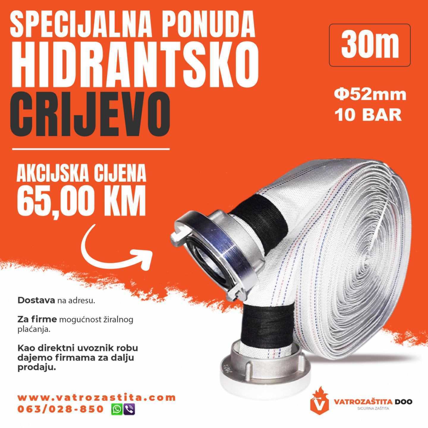 Hidrantsko Crijevo Ø52mm, 10bar, 30m